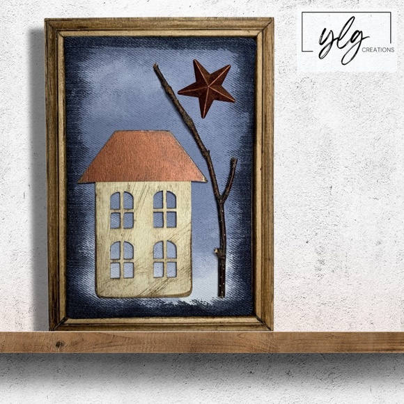 Mixed Media Wall Art | Winter Scene | House | Snow | Trees | Stars | 3D … - Picture 1 of 6